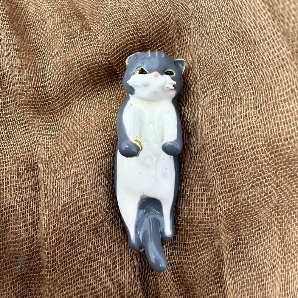 Vintage Cat Brooch Gray White Tuxedo Belly Up Kitten Pin Cute Novelty Retro